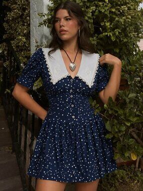 80s Navy Polka Dot Fit & Flare Dress Size Small Oversized Pilgrim Collar